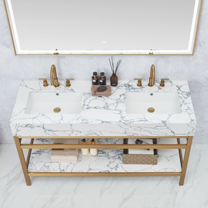 Ecija 60M" Free-standing Double Bath Vanity in Brushed Gold Metal Support with Pandora White Composite Stone Top