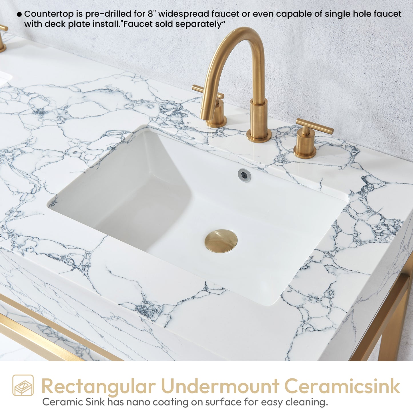 Ecija 60M" Free-standing Double Bath Vanity in Brushed Gold Metal Support with Pandora White Composite Stone Top