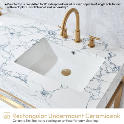 Ecija 60M" Free-standing Double Bath Vanity in Brushed Gold Metal Support with Pandora White Composite Stone Top