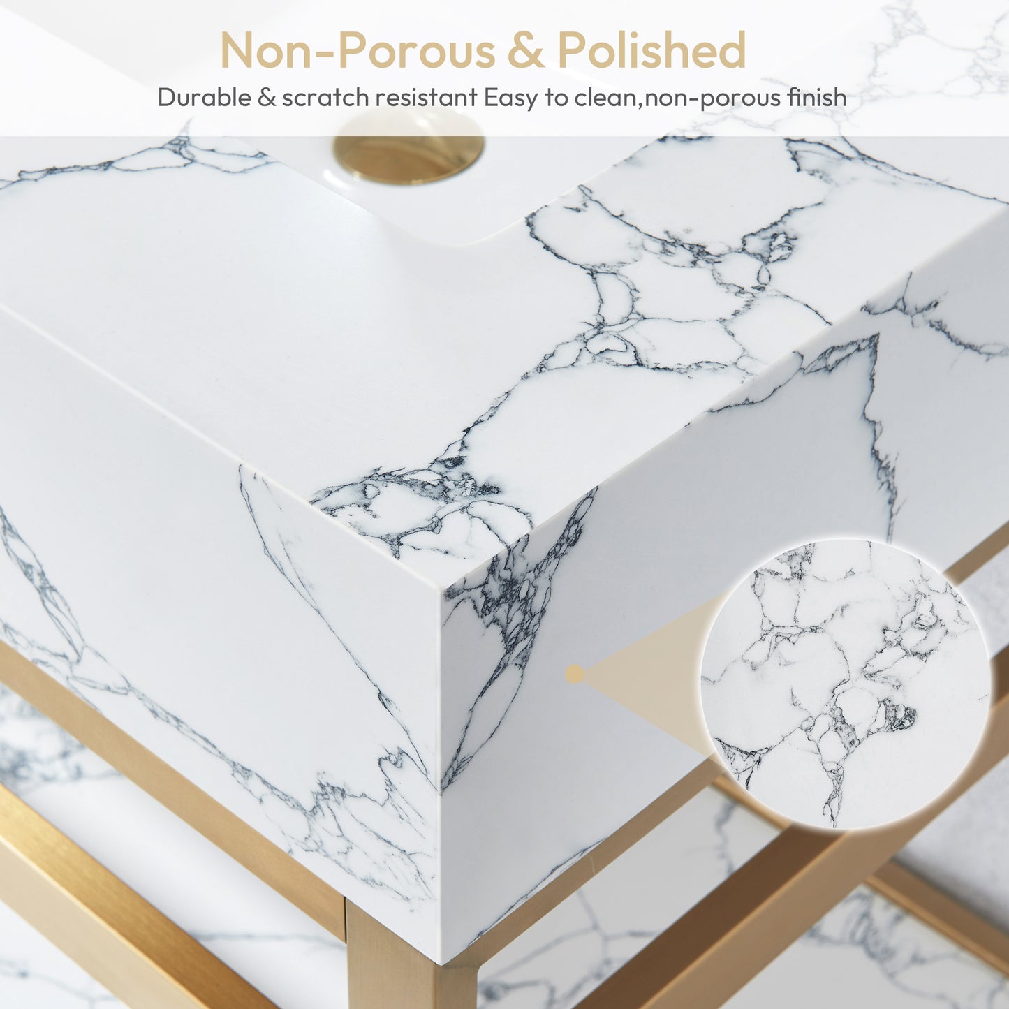 Ecija 60M" Free-standing Double Bath Vanity in Brushed Gold Metal Support with Pandora White Composite Stone Top