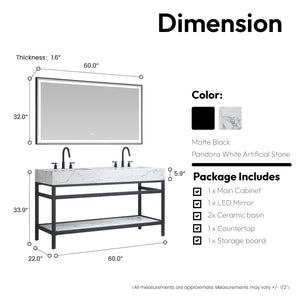 Ecija 60M" Free-standing Double Bath Vanity in Matte Black Metal Support with Pandora White Composite Stone Top
