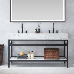 Ecija 60M" Free-standing Double Bath Vanity in Matte Black Metal Support with Pandora White Composite Stone Top