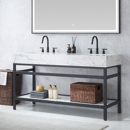 Ecija 60M" Free-standing Double Bath Vanity in Matte Black Metal Support with Pandora White Composite Stone Top