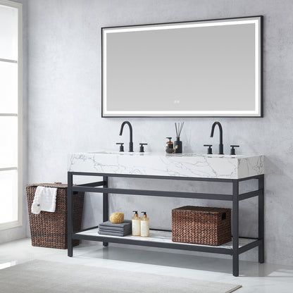 Ecija 60M" Free-standing Double Bath Vanity in Matte Black Metal Support with Pandora White Composite Stone Top