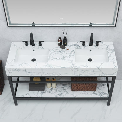 Ecija 60M" Free-standing Double Bath Vanity in Matte Black Metal Support with Pandora White Composite Stone Top