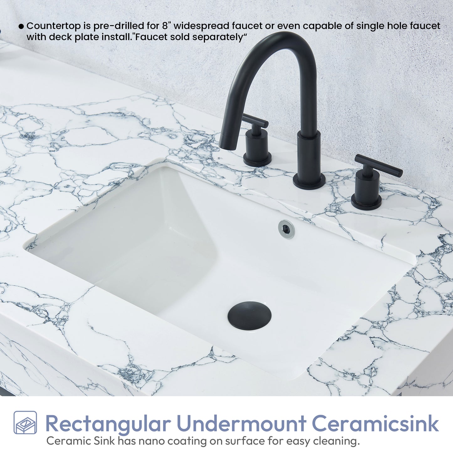 Ecija 60M" Free-standing Double Bath Vanity in Matte Black Metal Support with Pandora White Composite Stone Top