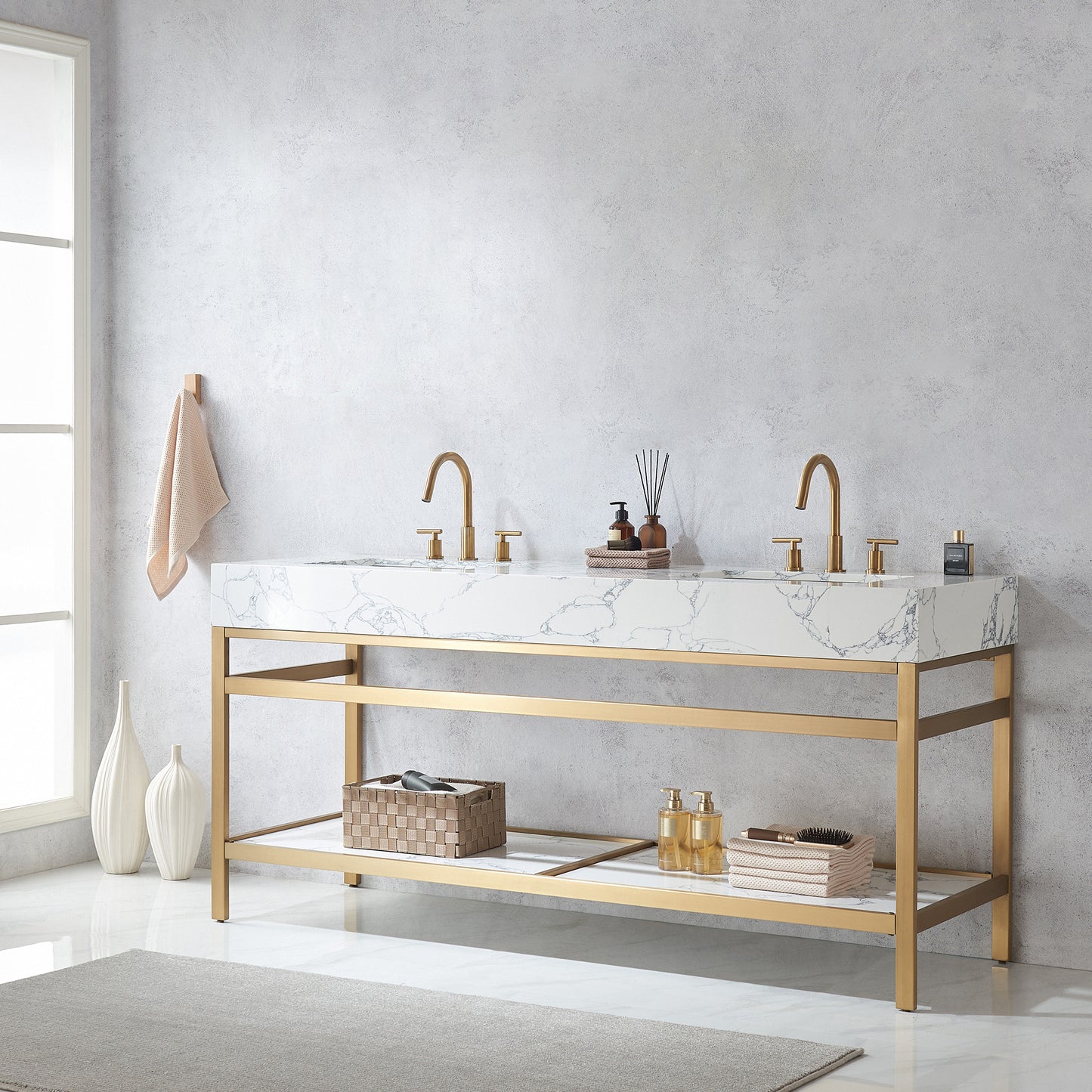 Ecija 72" Free-standing Double Bath Vanity in Brushed Gold Metal Support with Pandora White Composite Stone Top