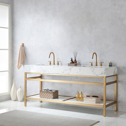Ecija 72" Free-standing Double Bath Vanity in Brushed Gold Metal Support with Pandora White Composite Stone Top