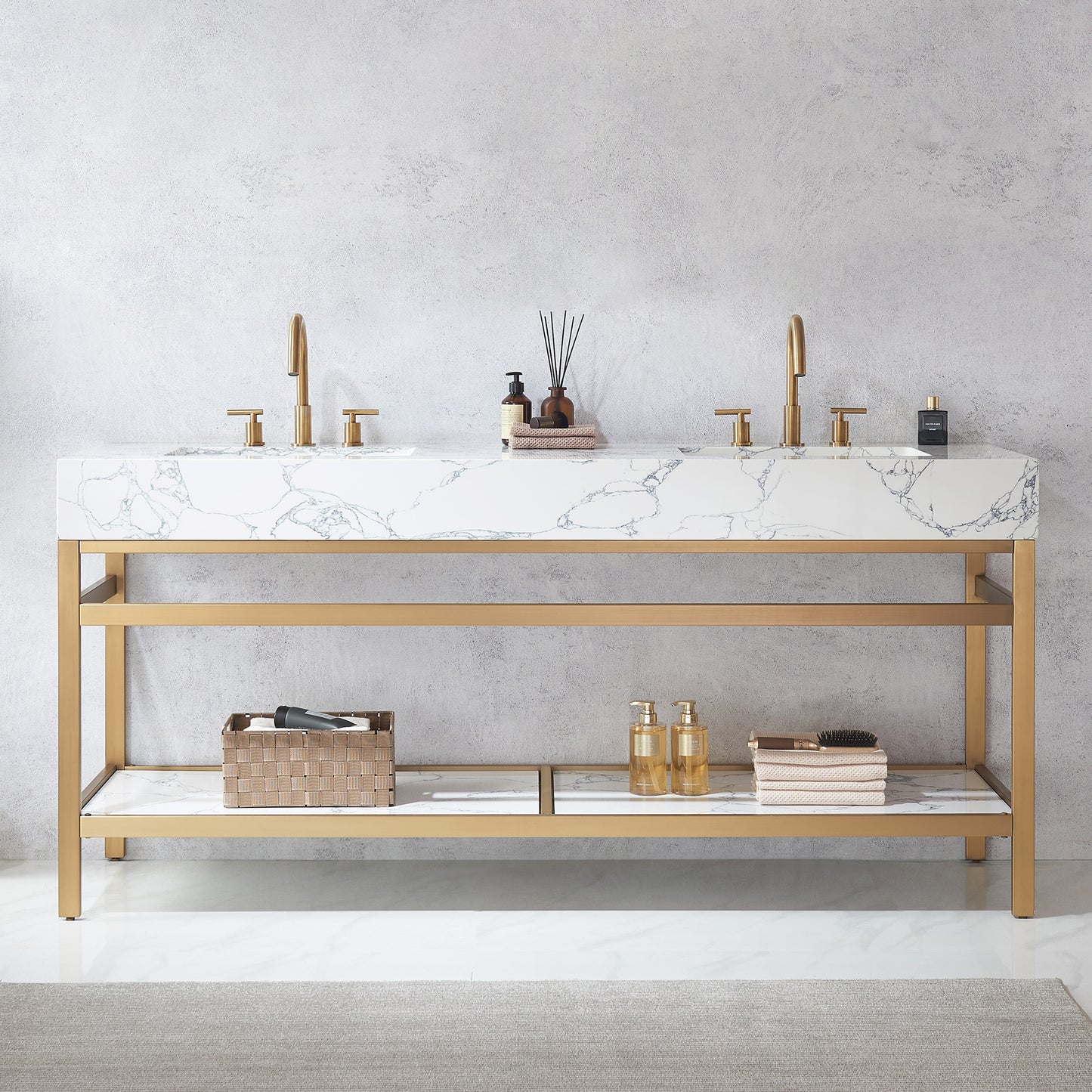 Ecija 72" Free-standing Double Bath Vanity in Brushed Gold Metal Support with Pandora White Composite Stone Top
