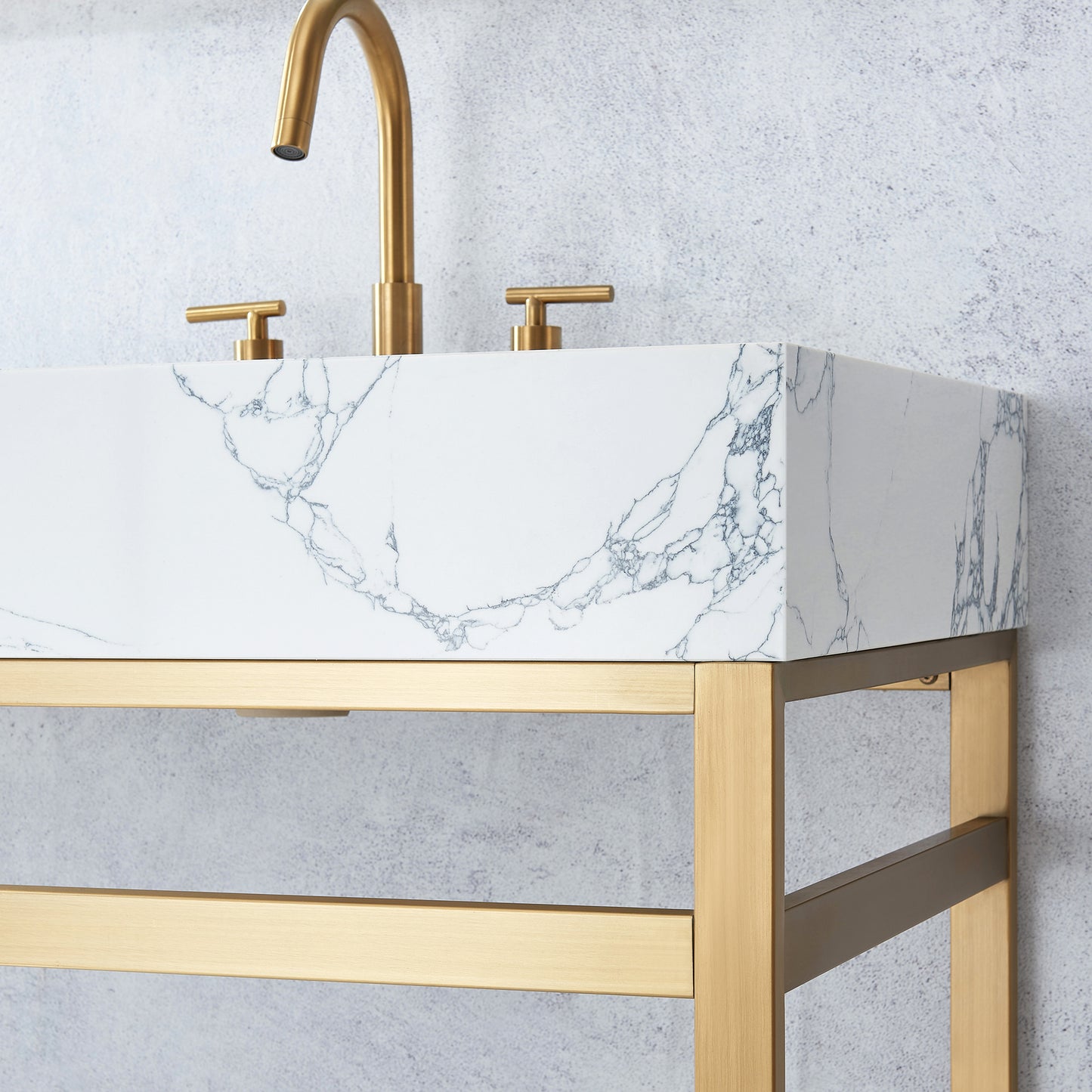 Ecija 72" Free-standing Double Bath Vanity in Brushed Gold Metal Support with Pandora White Composite Stone Top