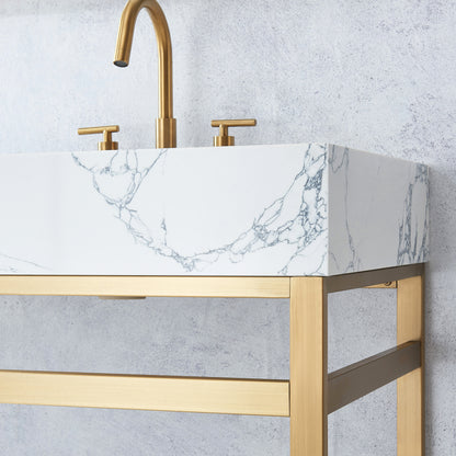 Ecija 72" Free-standing Double Bath Vanity in Brushed Gold Metal Support with Pandora White Composite Stone Top