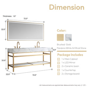 Ecija 72" Free-standing Double Bath Vanity in Brushed Gold Metal Support with Pandora White Composite Stone Top