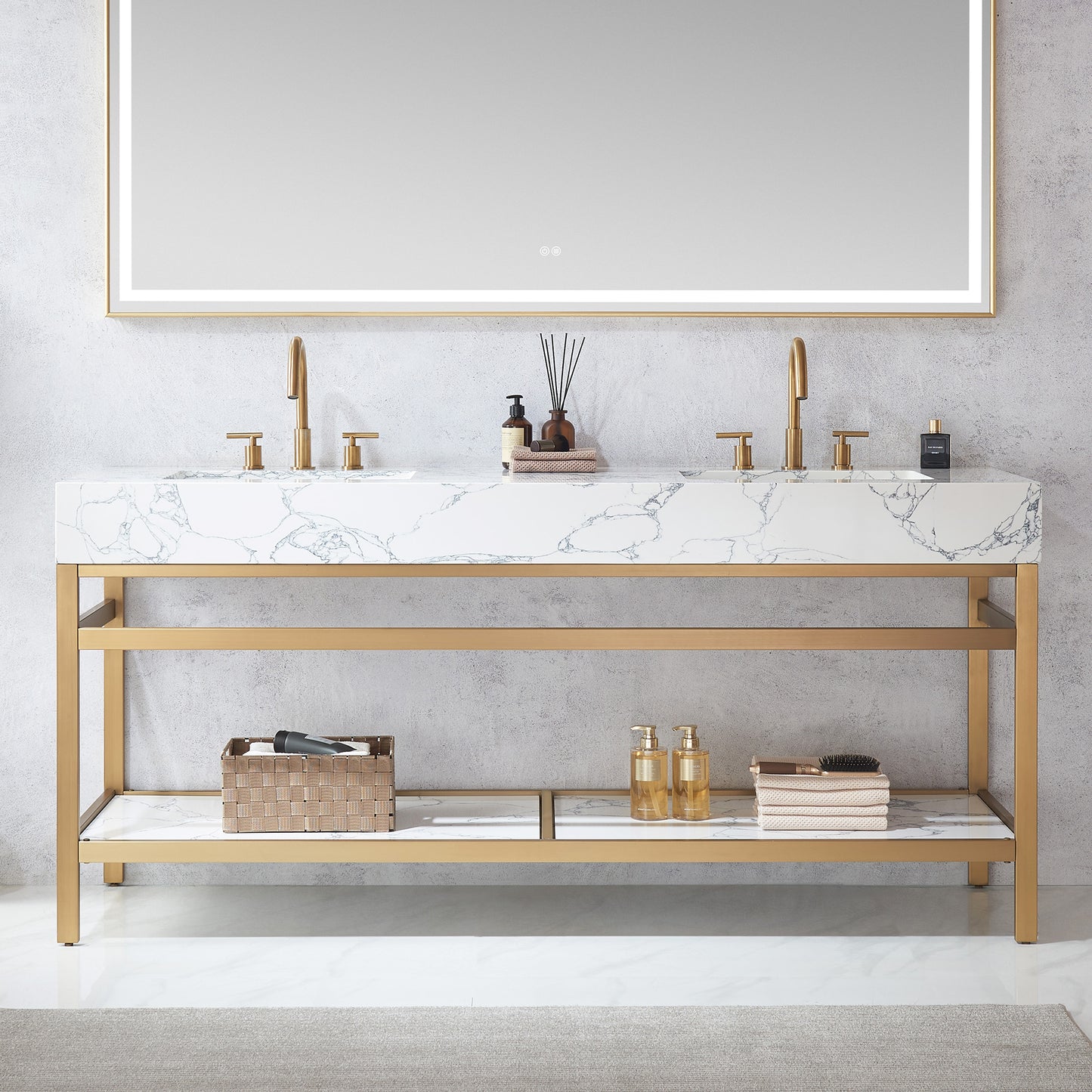Ecija 72" Free-standing Double Bath Vanity in Brushed Gold Metal Support with Pandora White Composite Stone Top
