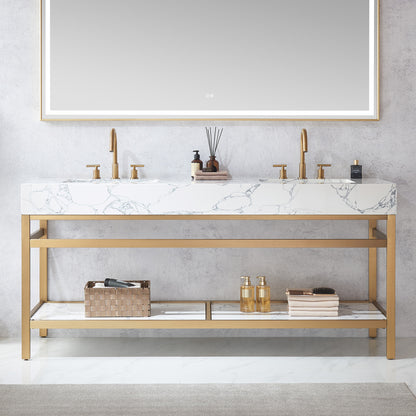 Ecija 72" Free-standing Double Bath Vanity in Brushed Gold Metal Support with Pandora White Composite Stone Top