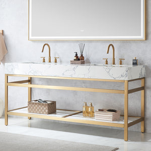 Ecija 72" Free-standing Double Bath Vanity in Brushed Gold Metal Support with Pandora White Composite Stone Top