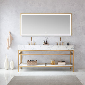 Ecija 72" Free-standing Double Bath Vanity in Brushed Gold Metal Support with Pandora White Composite Stone Top