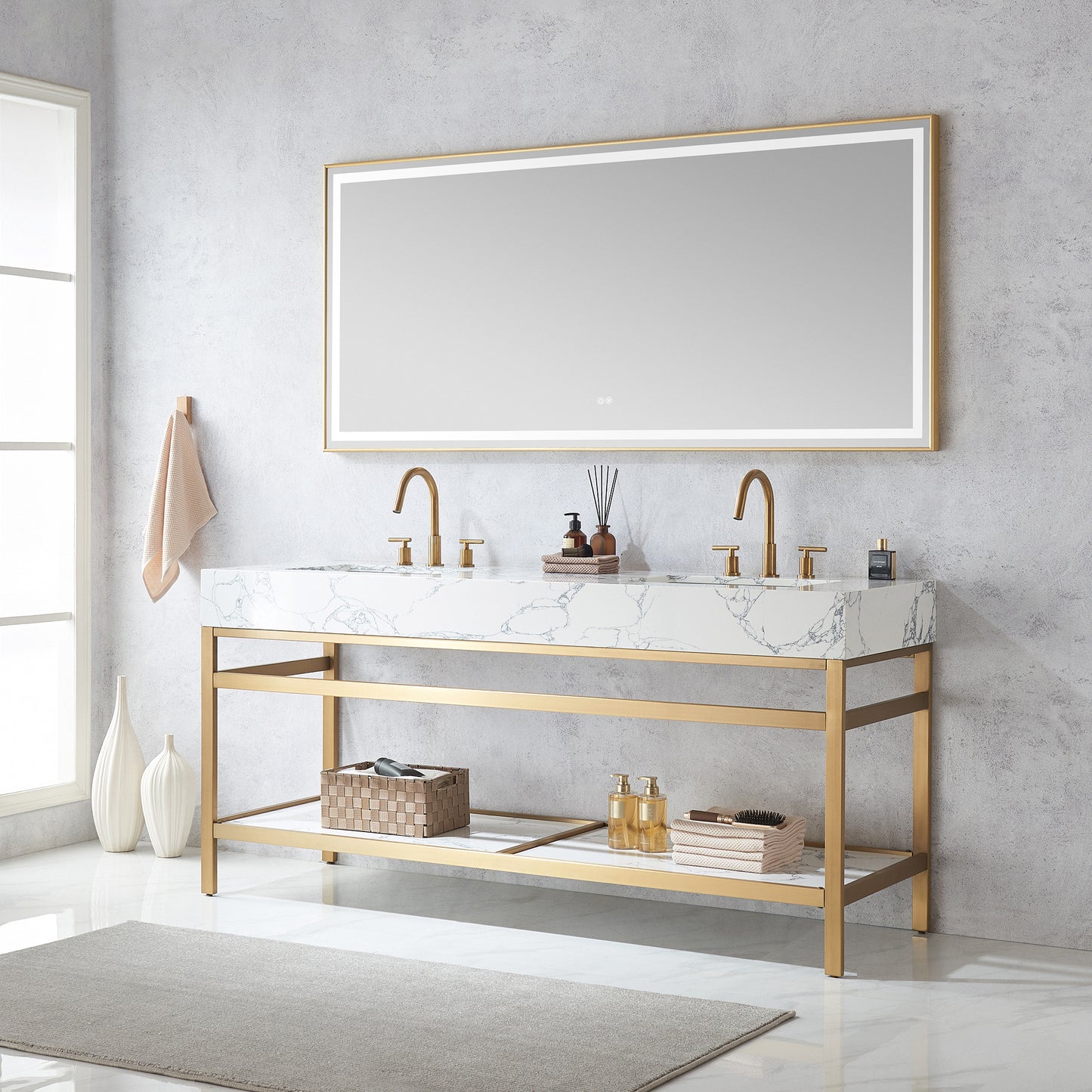 Ecija 72" Free-standing Double Bath Vanity in Brushed Gold Metal Support with Pandora White Composite Stone Top