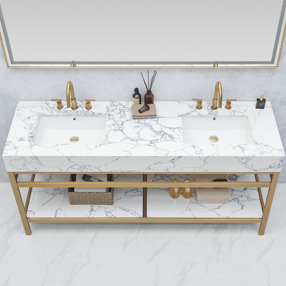 Ecija 72" Free-standing Double Bath Vanity in Brushed Gold Metal Support with Pandora White Composite Stone Top