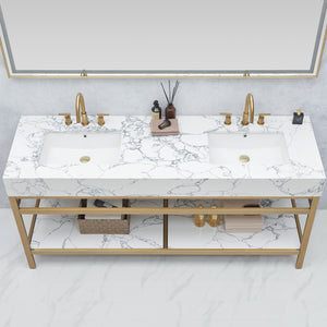 Ecija 72" Free-standing Double Bath Vanity in Brushed Gold Metal Support with Pandora White Composite Stone Top