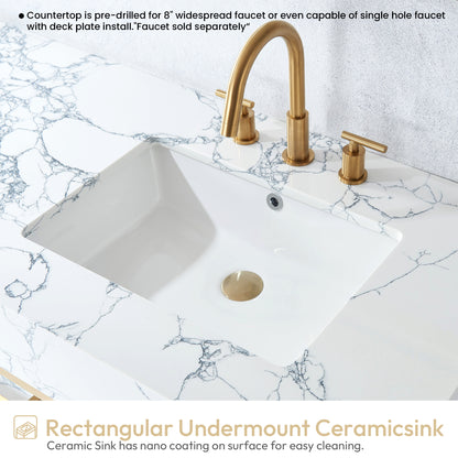 Ecija 72" Free-standing Double Bath Vanity in Brushed Gold Metal Support with Pandora White Composite Stone Top