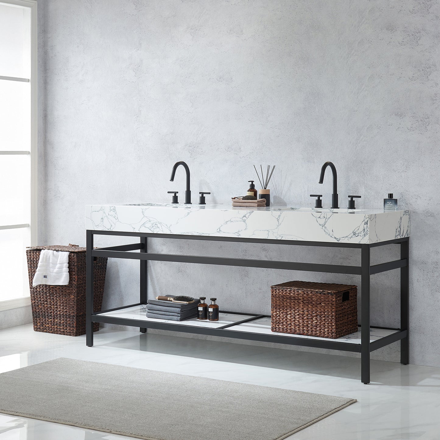 Ecija 72" Free-standing Double Bath Vanity in Matte Black Metal Support with Pandora White Composite Stone Top
