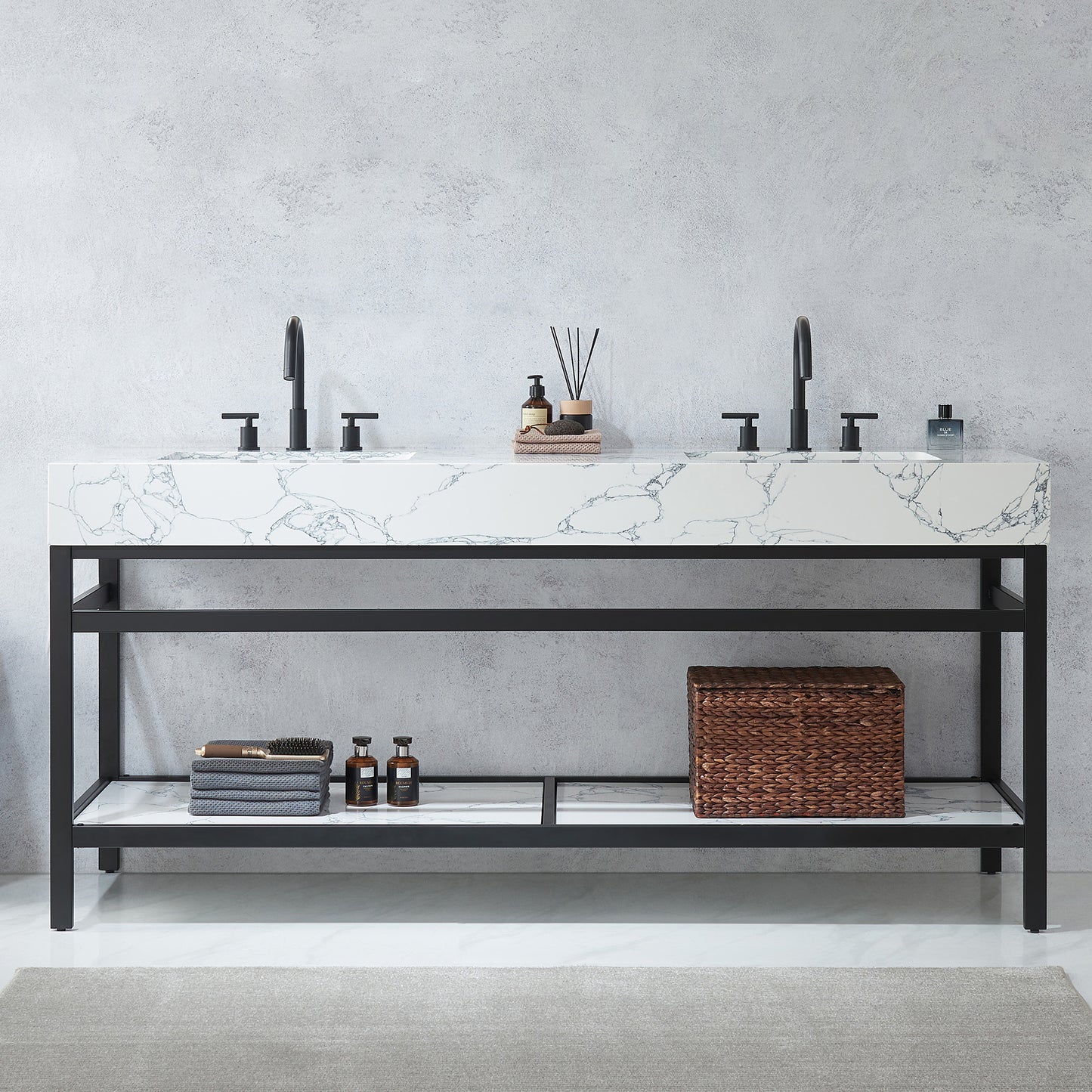 Ecija 72" Free-standing Double Bath Vanity in Matte Black Metal Support with Pandora White Composite Stone Top