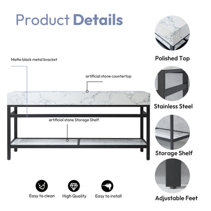 Ecija 72" Free-standing Double Bath Vanity in Matte Black Metal Support with Pandora White Composite Stone Top