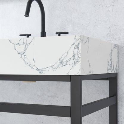 Ecija 72" Free-standing Double Bath Vanity in Matte Black Metal Support with Pandora White Composite Stone Top