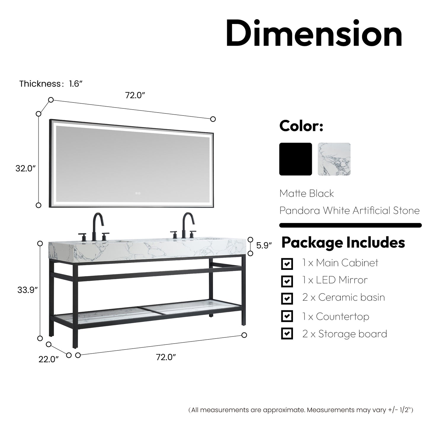 Ecija 72" Free-standing Double Bath Vanity in Matte Black Metal Support with Pandora White Composite Stone Top