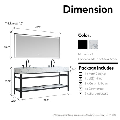 Ecija 72" Free-standing Double Bath Vanity in Matte Black Metal Support with Pandora White Composite Stone Top