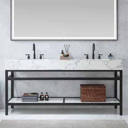 Ecija 72" Free-standing Double Bath Vanity in Matte Black Metal Support with Pandora White Composite Stone Top