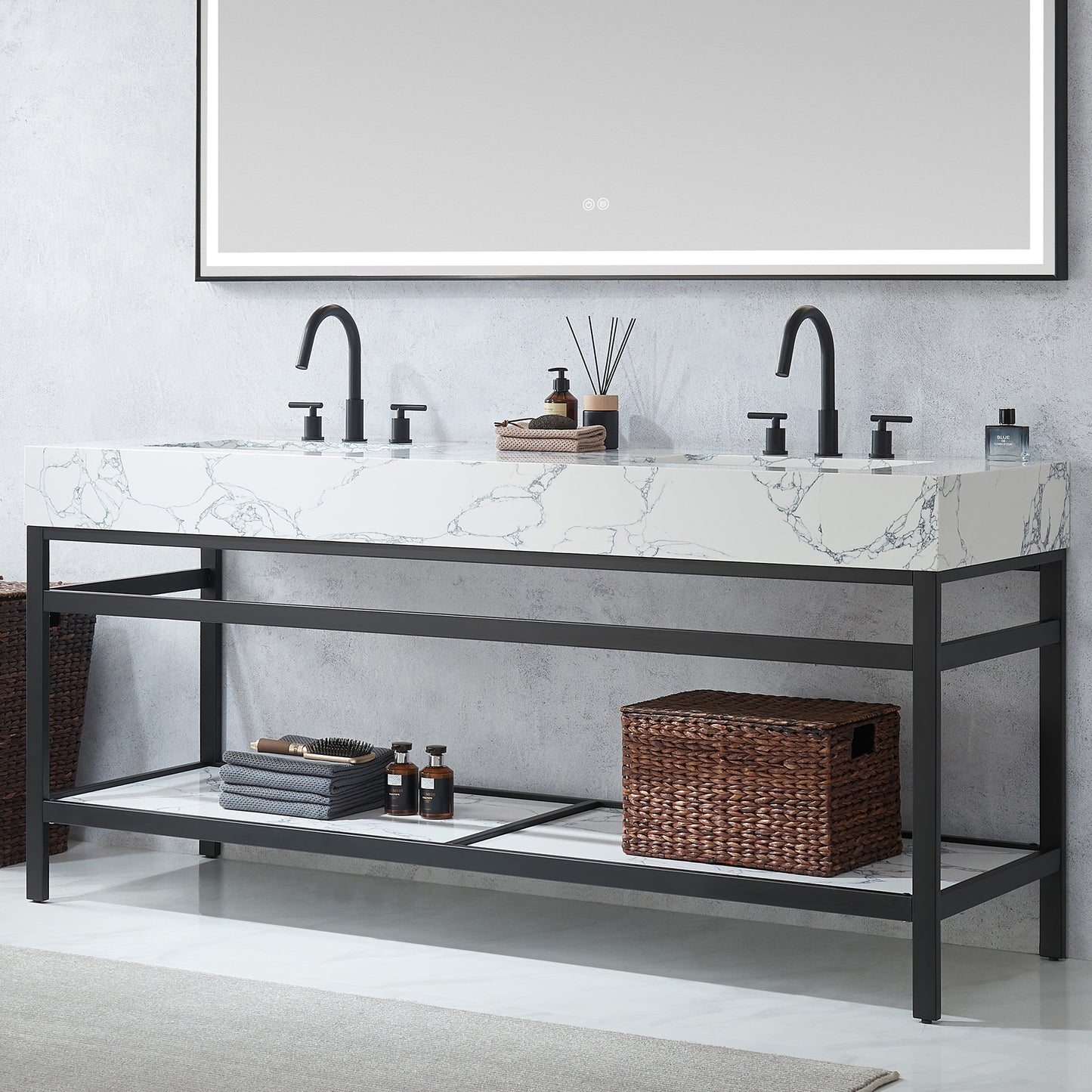 Ecija 72" Free-standing Double Bath Vanity in Matte Black Metal Support with Pandora White Composite Stone Top