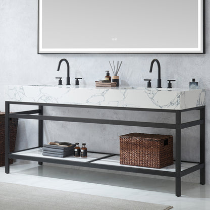 Ecija 72" Free-standing Double Bath Vanity in Matte Black Metal Support with Pandora White Composite Stone Top