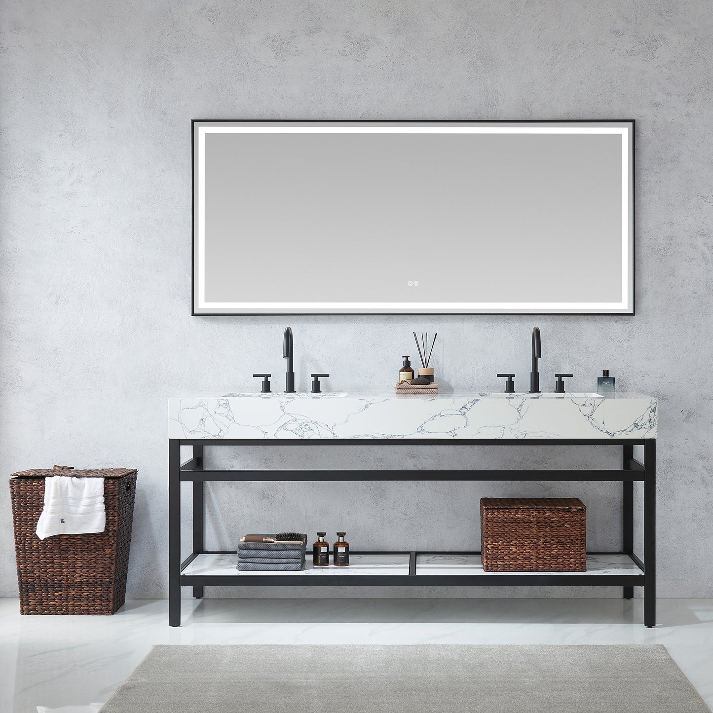 Ecija 72" Free-standing Double Bath Vanity in Matte Black Metal Support with Pandora White Composite Stone Top