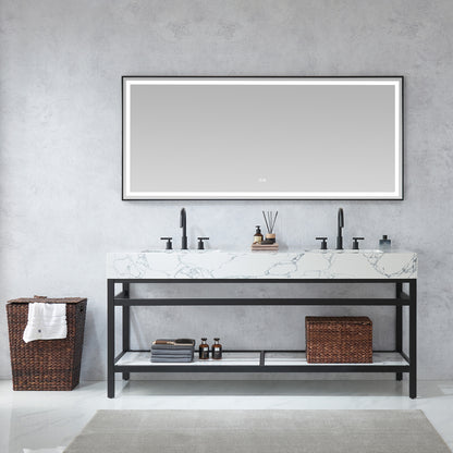 Ecija 72" Free-standing Double Bath Vanity in Matte Black Metal Support with Pandora White Composite Stone Top