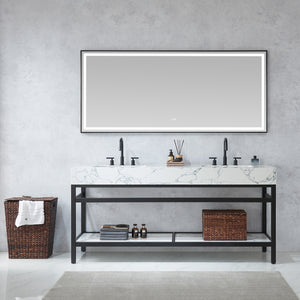 Open image in slideshow, Ecija 72&quot; Free-standing Double Bath Vanity in Matte Black Metal Support with Pandora White Composite Stone Top
