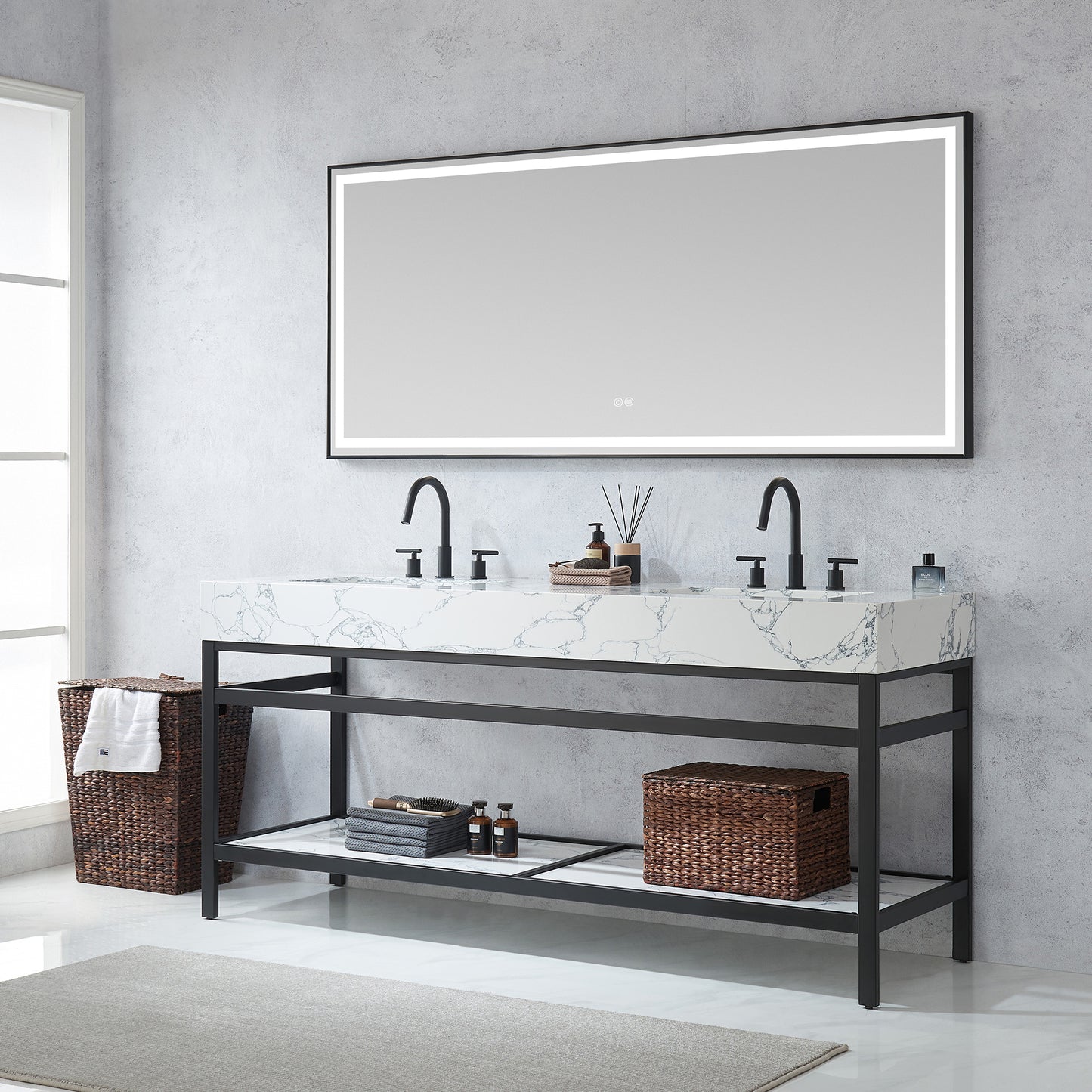 Ecija 72" Free-standing Double Bath Vanity in Matte Black Metal Support with Pandora White Composite Stone Top