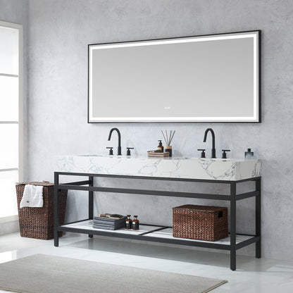 Ecija 72" Free-standing Double Bath Vanity in Matte Black Metal Support with Pandora White Composite Stone Top