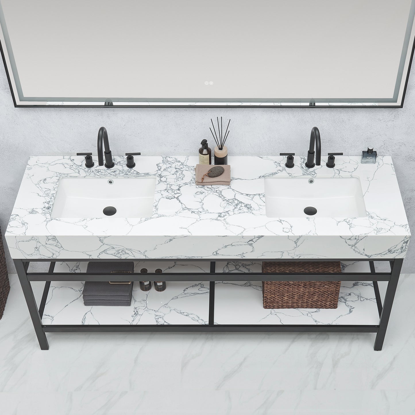 Ecija 72" Free-standing Double Bath Vanity in Matte Black Metal Support with Pandora White Composite Stone Top