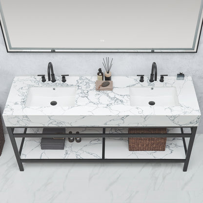 Ecija 72" Free-standing Double Bath Vanity in Matte Black Metal Support with Pandora White Composite Stone Top