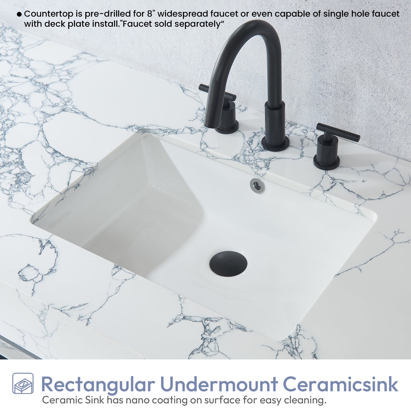 Ecija 72" Free-standing Double Bath Vanity in Matte Black Metal Support with Pandora White Composite Stone Top