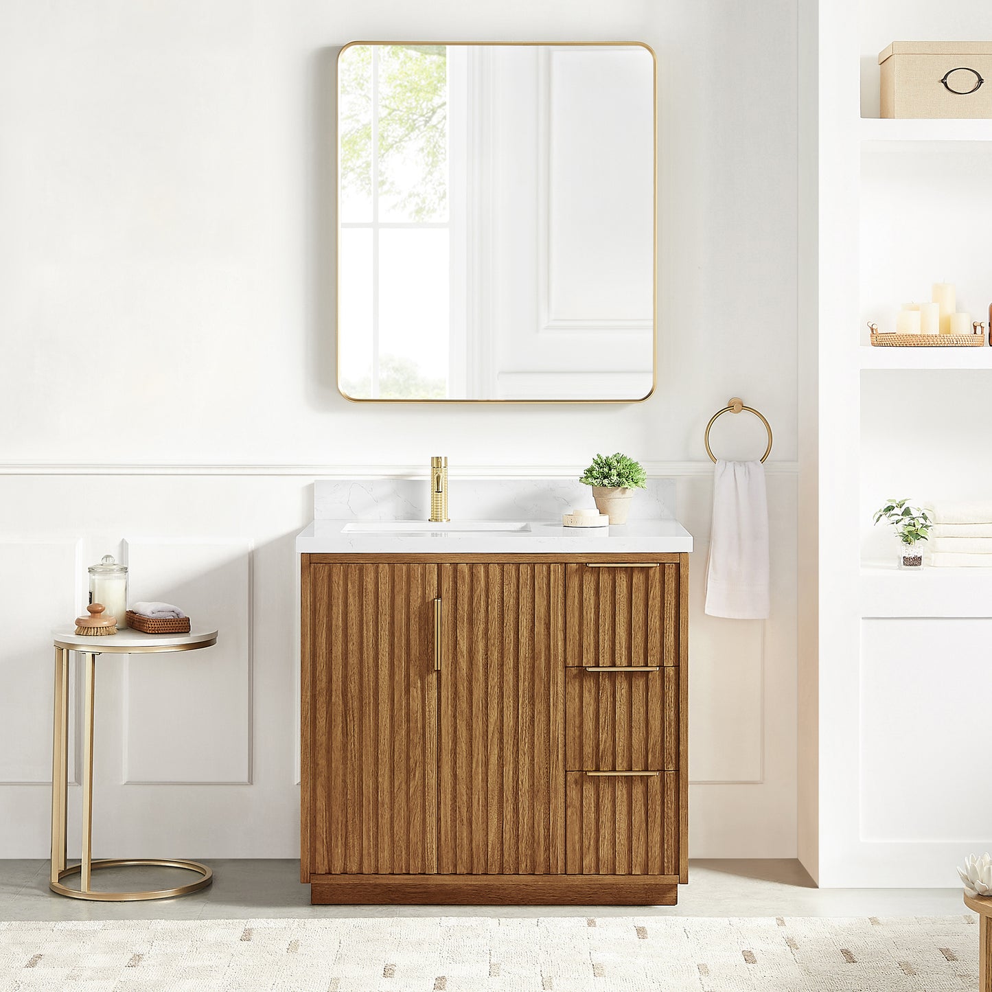 Bangkok 36" Single Sink Bath Vanity in Mango Wood Light Brown with White Grain Composite Stone Top