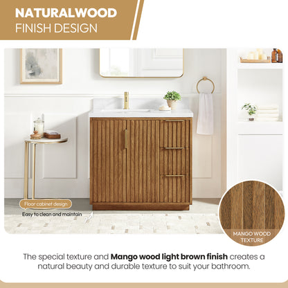 Bangkok 36" Single Sink Bath Vanity in Mango Wood Light Brown with White Grain Composite Stone Top