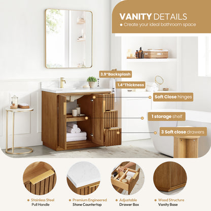 Bangkok 36" Single Sink Bath Vanity in Mango Wood Light Brown with White Grain Composite Stone Top