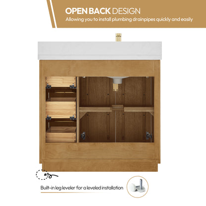 Bangkok 36" Single Sink Bath Vanity in Mango Wood Light Brown with White Grain Composite Stone Top