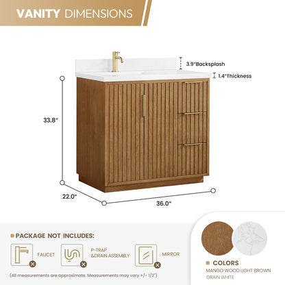 Bangkok 36" Single Sink Bath Vanity in Mango Wood Light Brown with White Grain Composite Stone Top