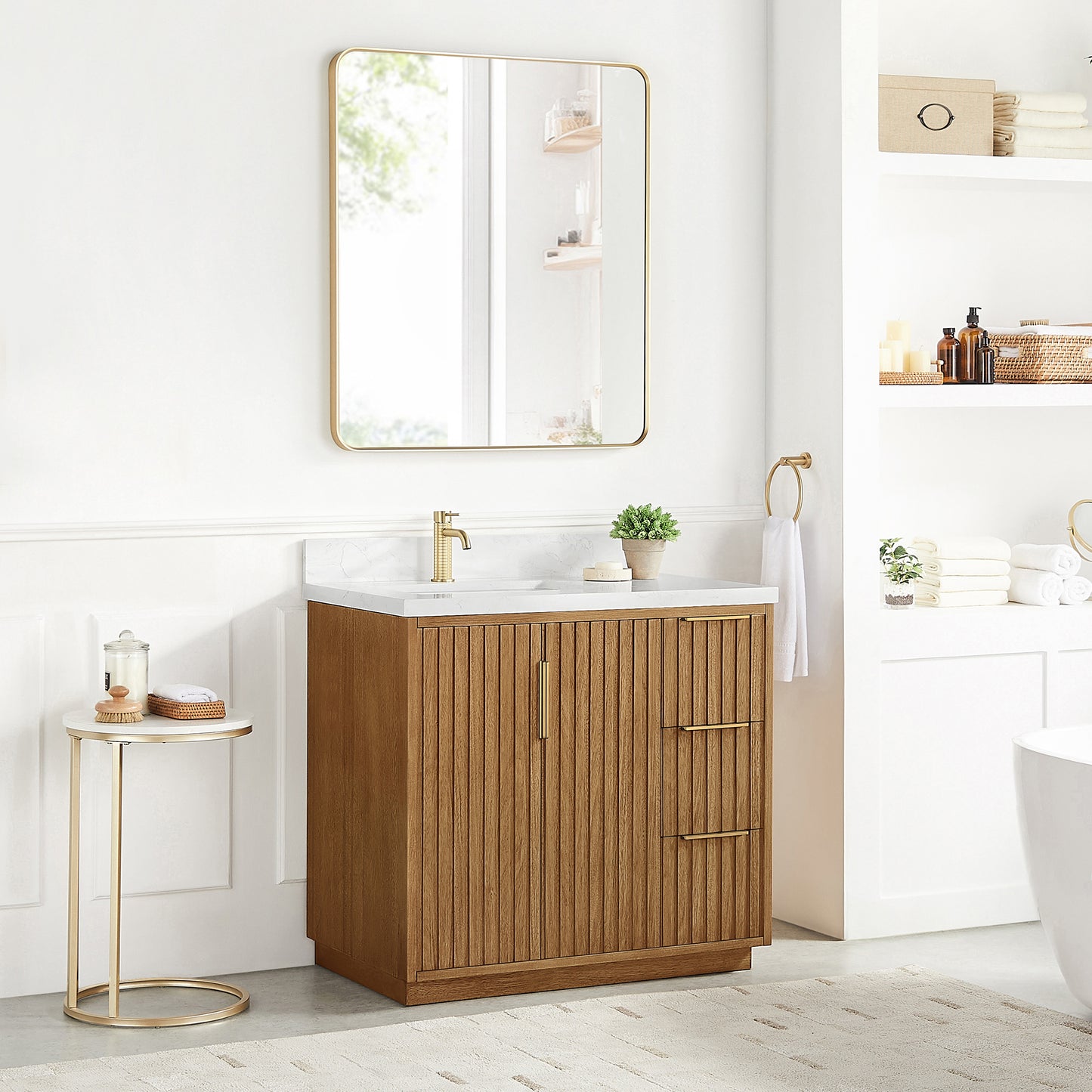 Bangkok 36" Single Sink Bath Vanity in Mango Wood Light Brown with White Grain Composite Stone Top