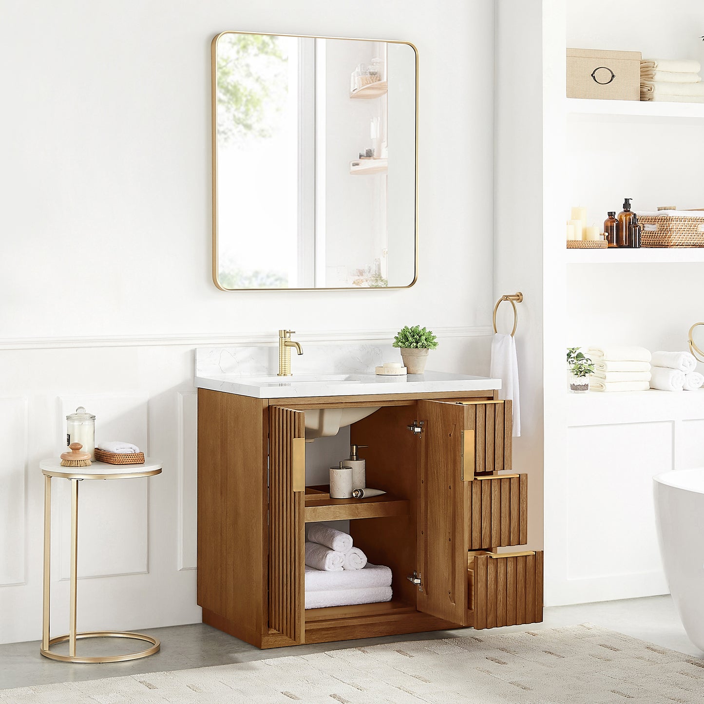 Bangkok 36" Single Sink Bath Vanity in Mango Wood Light Brown with White Grain Composite Stone Top