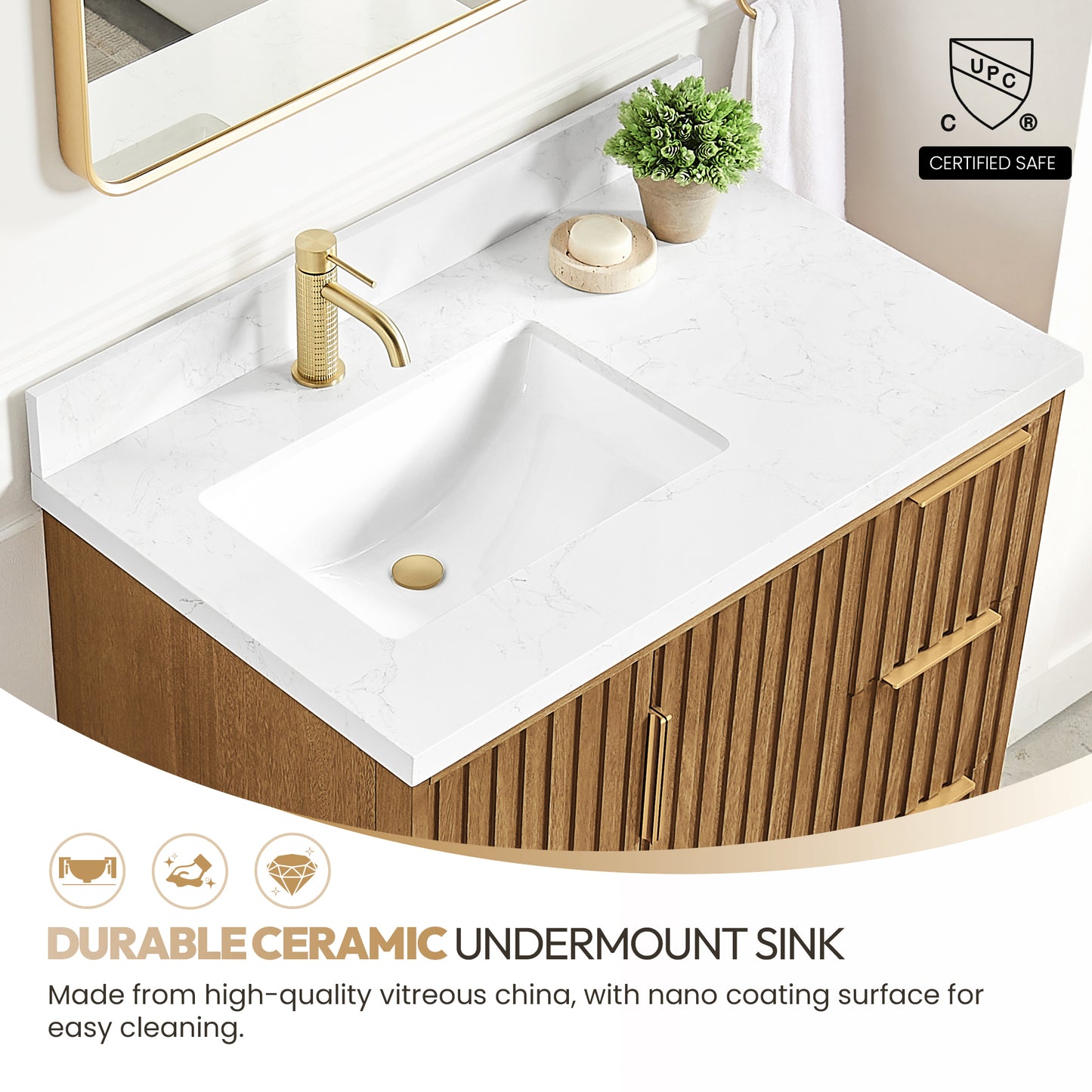 Bangkok 36" Single Sink Bath Vanity in Mango Wood Light Brown with White Grain Composite Stone Top