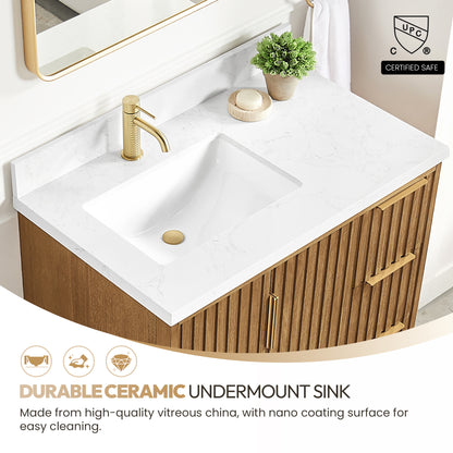 Bangkok 36" Single Sink Bath Vanity in Mango Wood Light Brown with White Grain Composite Stone Top